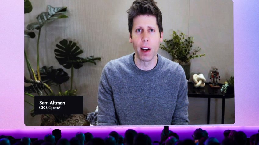 OpenAI Chief Executive Officer Sam Altman appears on screen during a talk with Microsoft Chairman and Chief Executive Officer Satya Nadella at the Microsoft Build 2025 conference in Seattle, May 19, 2025.